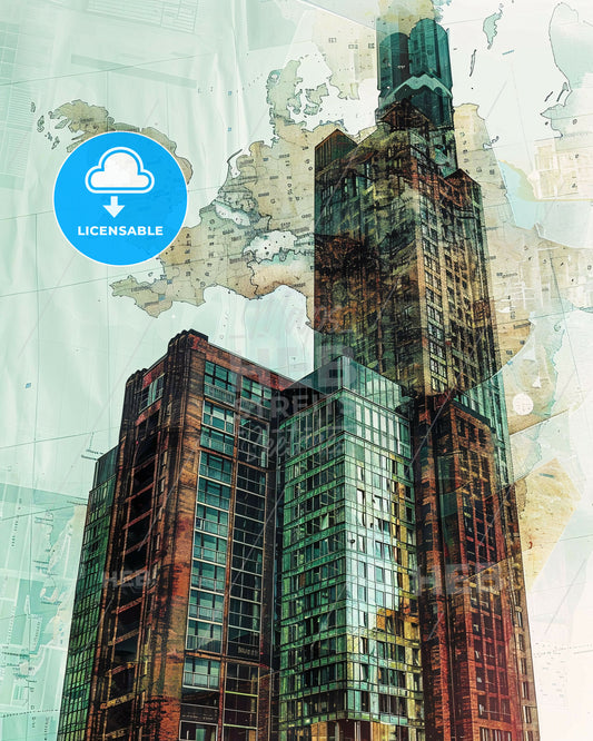 Leipzig Skyline Composite Art Double Exposure Poster - A tall building with a map of the world