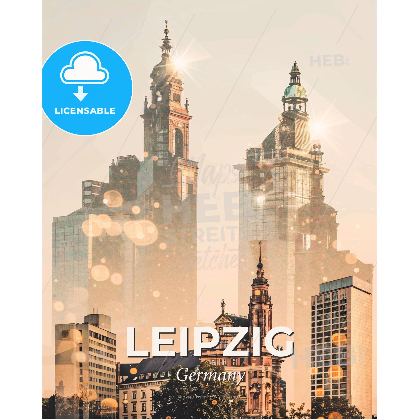 Leipzig City Architectural Skylinescape Paper Art Poster - A group of tall buildings with a few spires - Square format print template