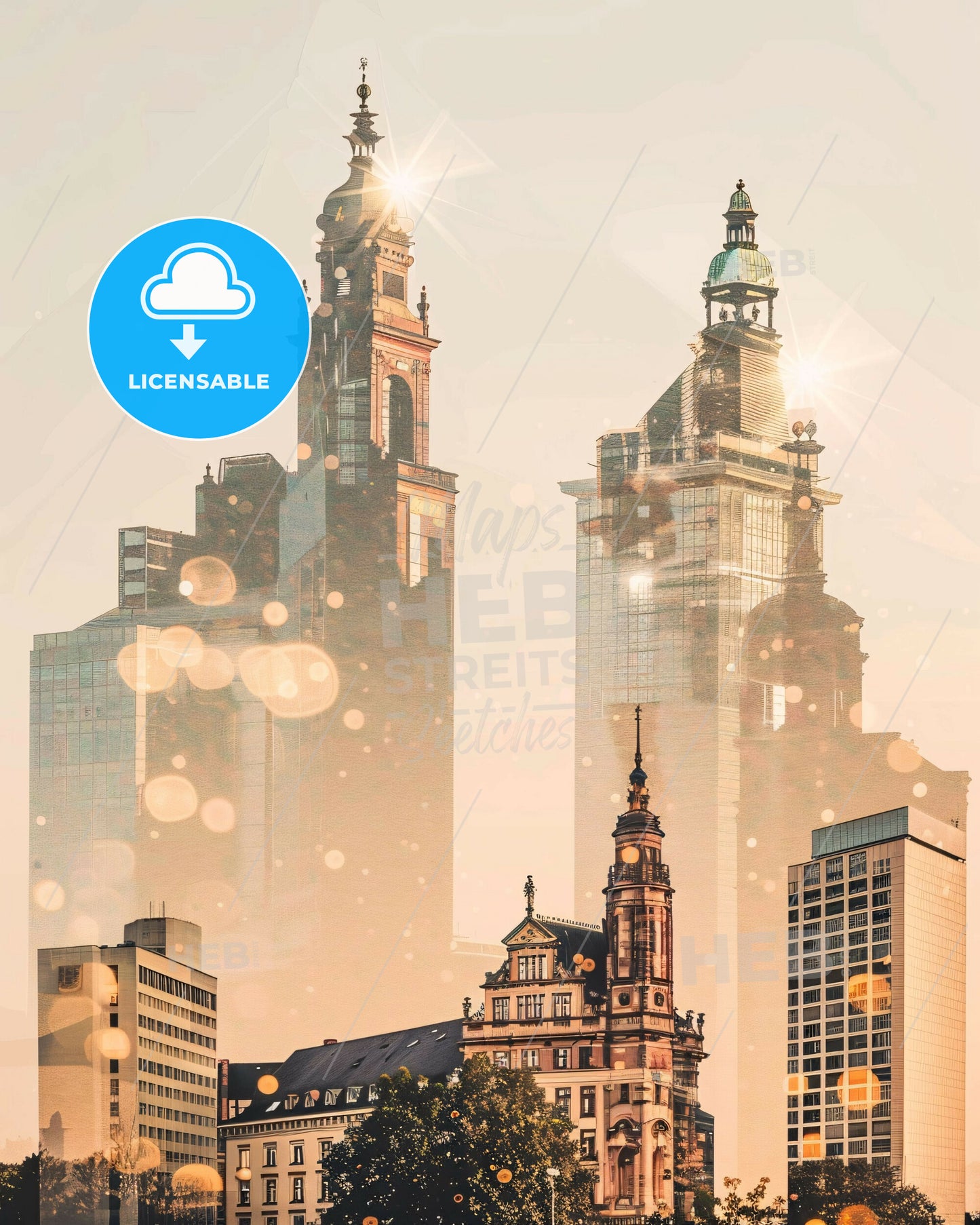 Leipzig City Architectural Skylinescape Paper Art Poster - A group of tall buildings with a few spires