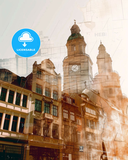 Leipzig Skyline Double Exposure Cityscape Minimalist Poster - A building with a clock tower