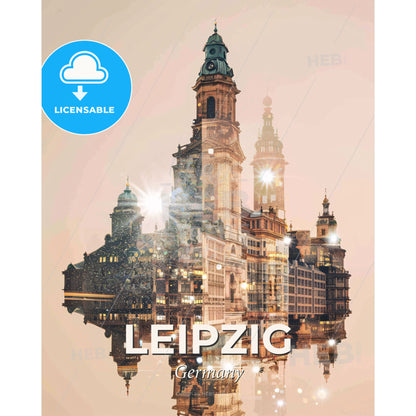 Leipzig City Lights in Vibrant Composite - A building with a tower and a clock on it - Square format print template