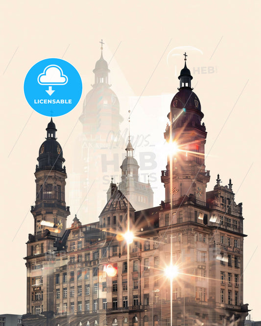 Leipzig Skyline Poster: Double Exposure Art - A building with towers and lights