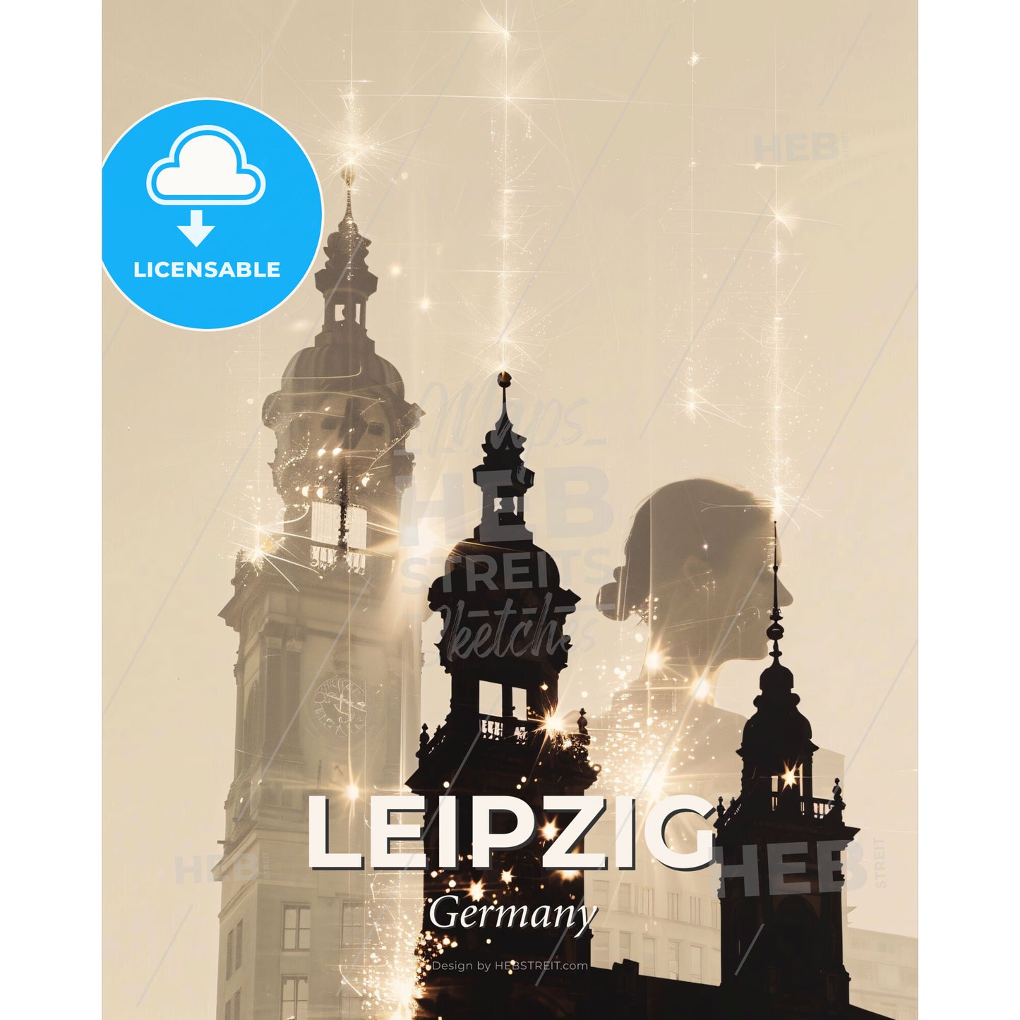 Leipzig: Unique City Skyline Double Exposure Poster - A silhouette of a man in a helmet with a clock tower and fireworks - Square format print template