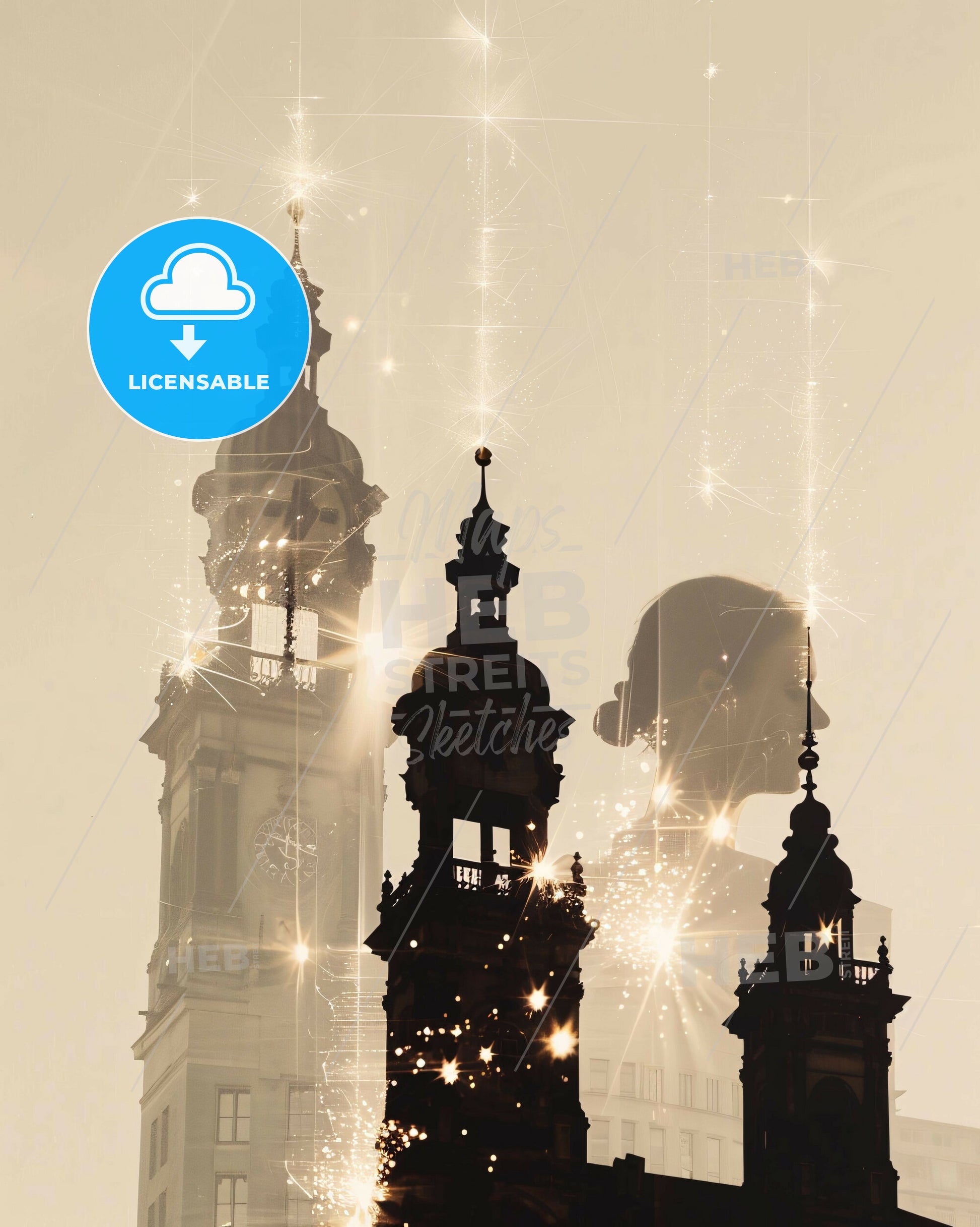 Leipzig: Unique City Skyline Double Exposure Poster - A silhouette of a man in a helmet with a clock tower and fireworks