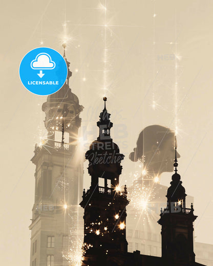 Leipzig: Unique City Skyline Double Exposure Poster - A silhouette of a man in a helmet with a clock tower and fireworks