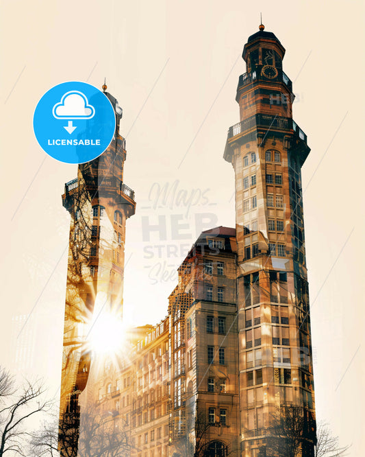 Leipzig City Skyline Double Exposure Art Poster - A double exposure of a building with a clock tower