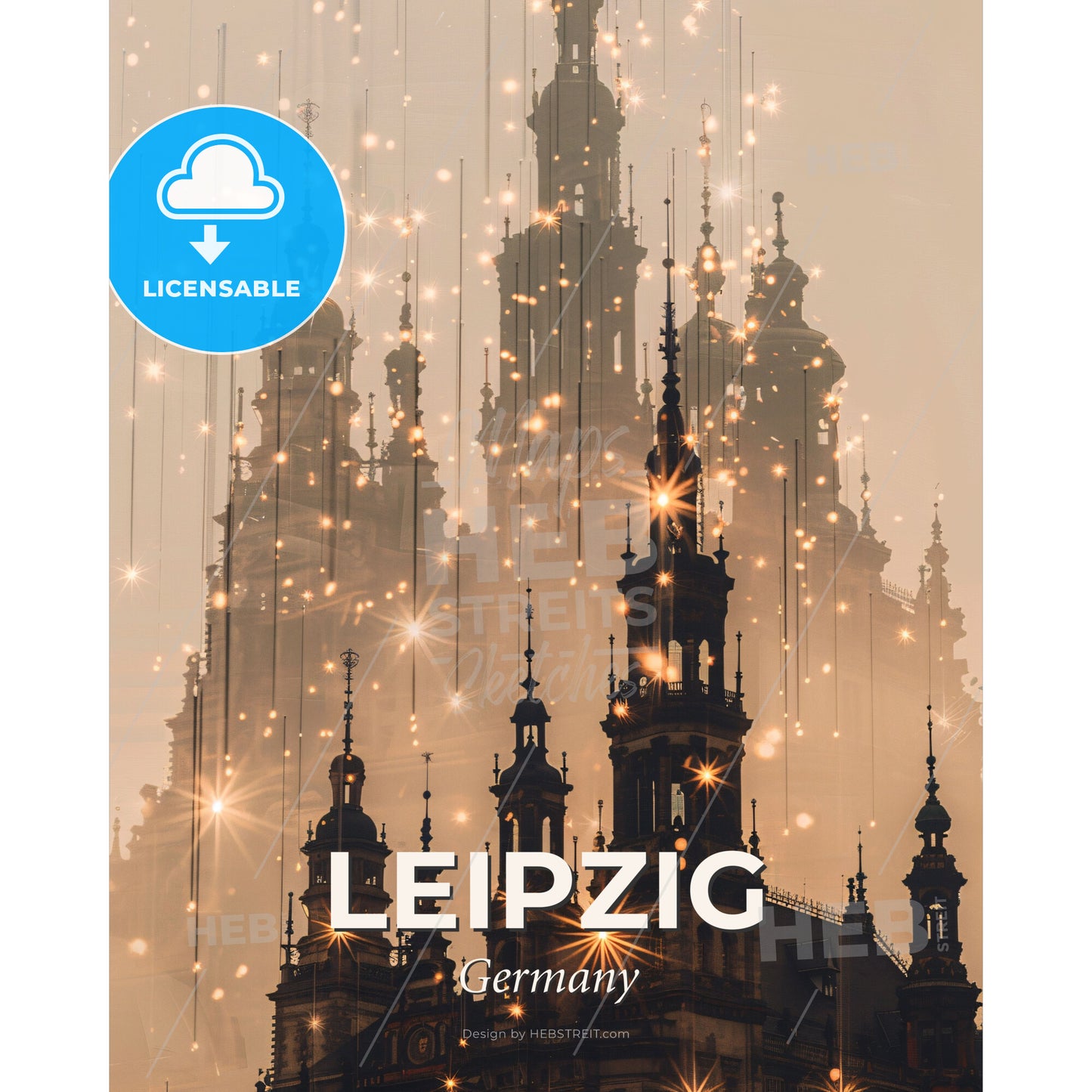 Leipzig City Skyline at Night in Beige - A building with many towers and lights - Square format print template