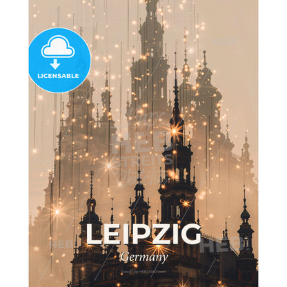 Leipzig City Skyline at Night in Beige - A building with many towers and lights - Square format print template
