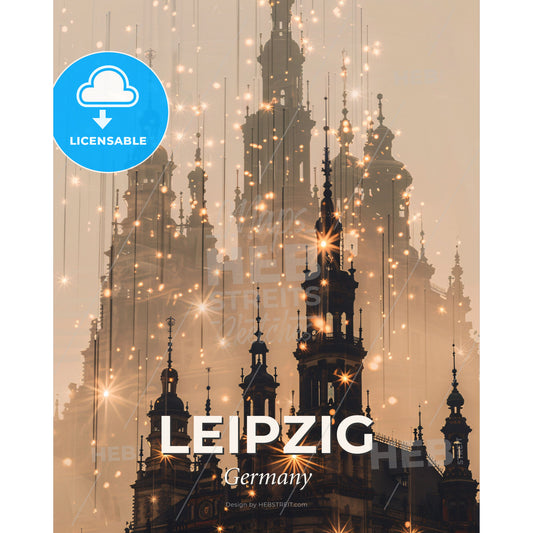 Leipzig City Skyline at Night in Beige - A building with many towers and lights - Square format print template