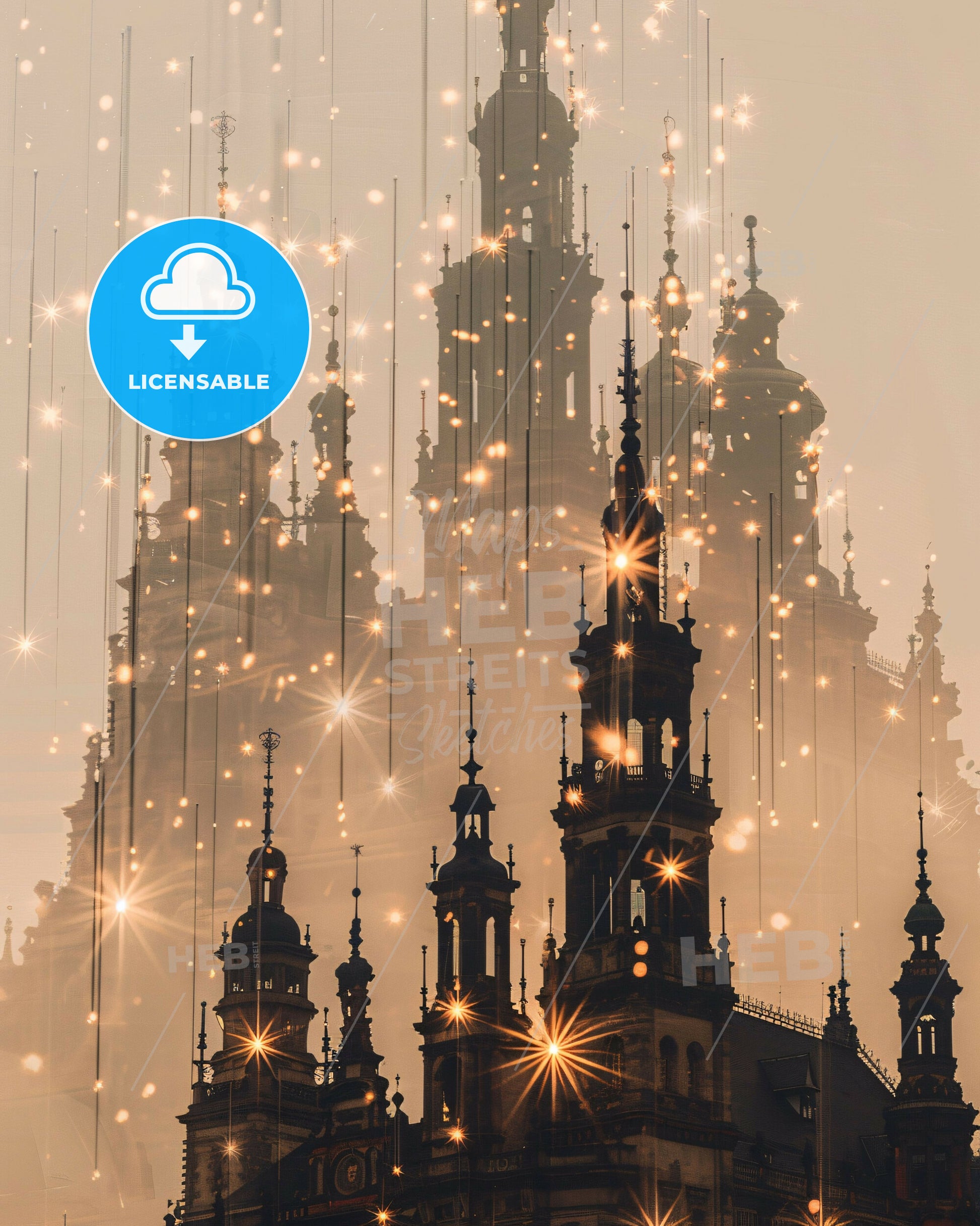 Leipzig City Skyline at Night in Beige - A building with many towers and lights