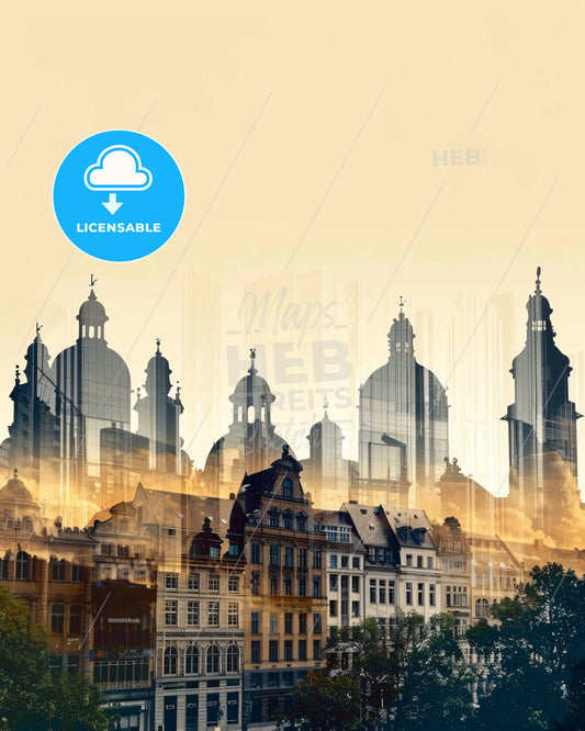 Leipzig Skyline Double Exposure Cityscape Art - A city skyline with many buildings