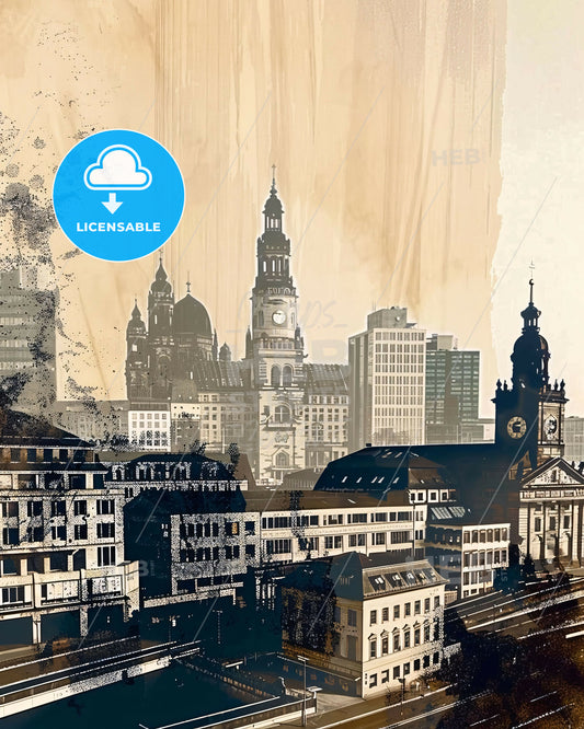 Leipzig Double Exposure Skyline Silhouette Art - A city with many buildings