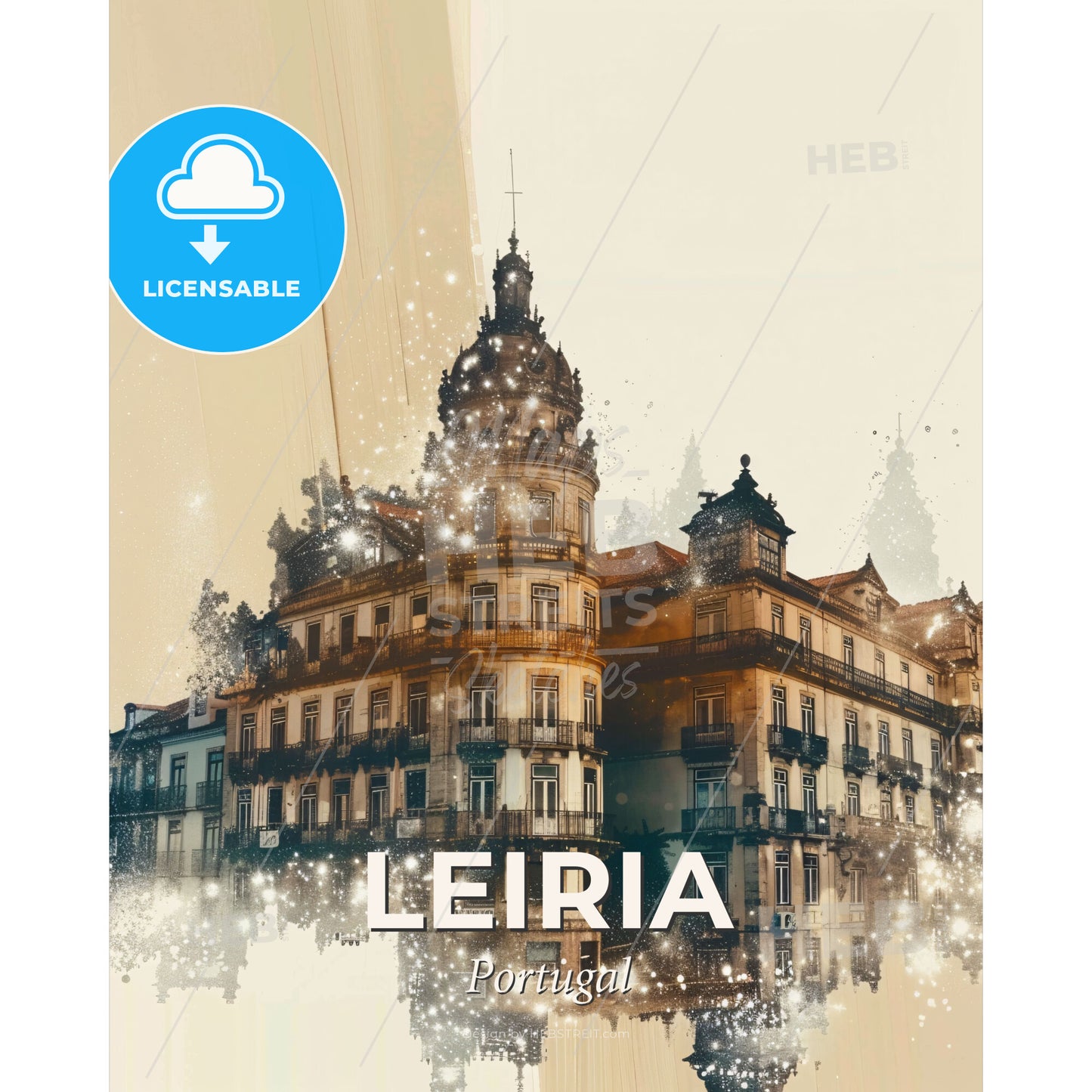 Leiria, Portugal: Double Exposure Skyline Art - A building with many windows - Square format print template