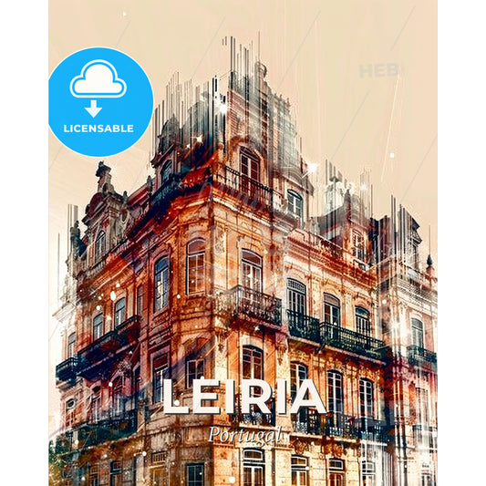 Leiria, Portugal: Double Exposure City Skyline Poster - A building with many windows - Square format print template