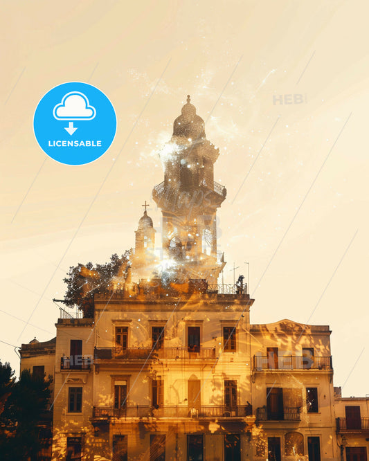 Lemnos Skyline: Double Exposure Composite Art - A building with a tower