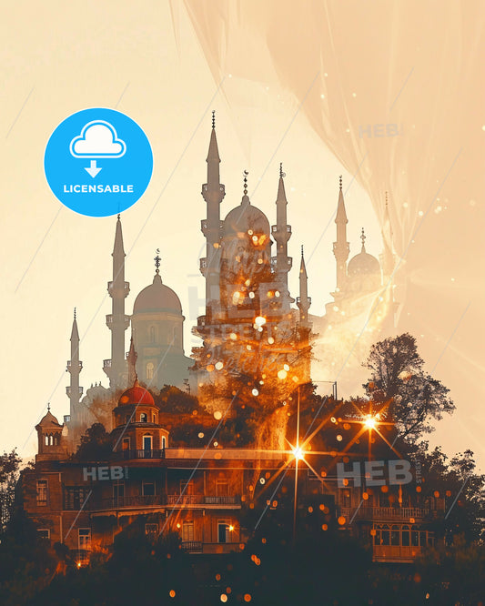 Lemnos Skyline Double Exposure Composite Art Poster - A building with towers and trees