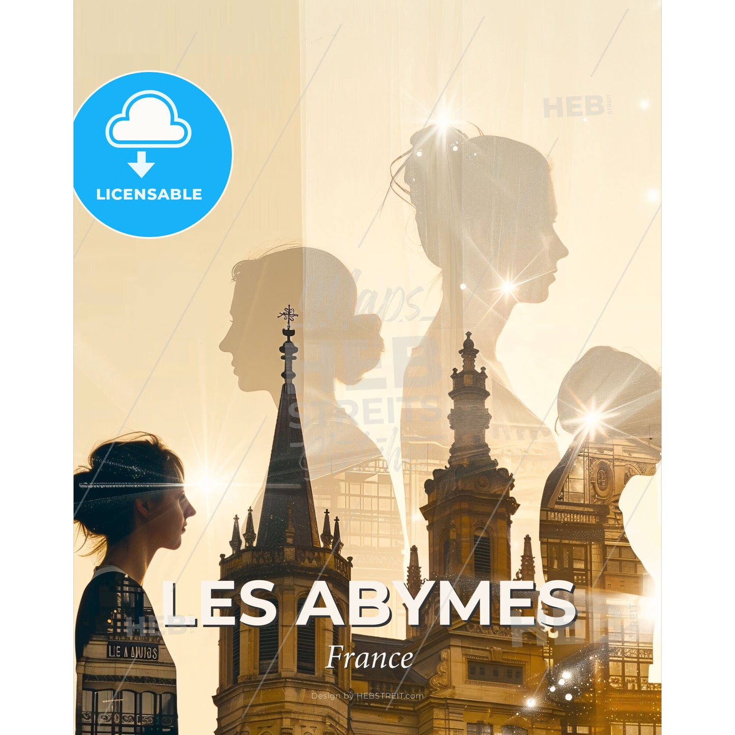 Les Abymes City Skyline Glowing Silhouettes Poster - A woman standing in front of a building - Square format print template