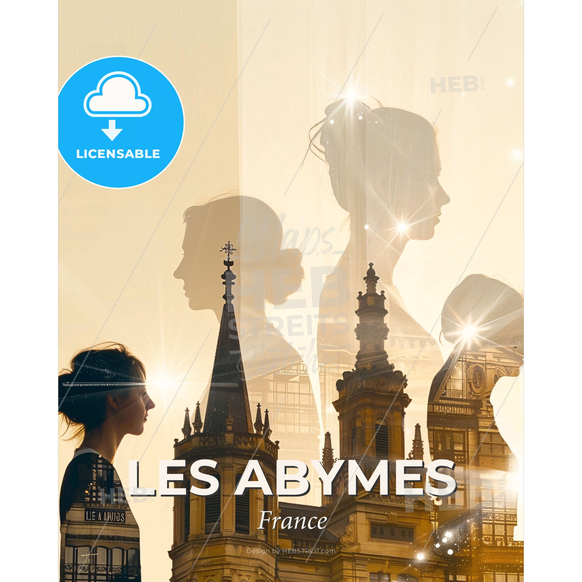 Les Abymes City Skyline Glowing Silhouettes Poster - A woman standing in front of a building - Square format print template