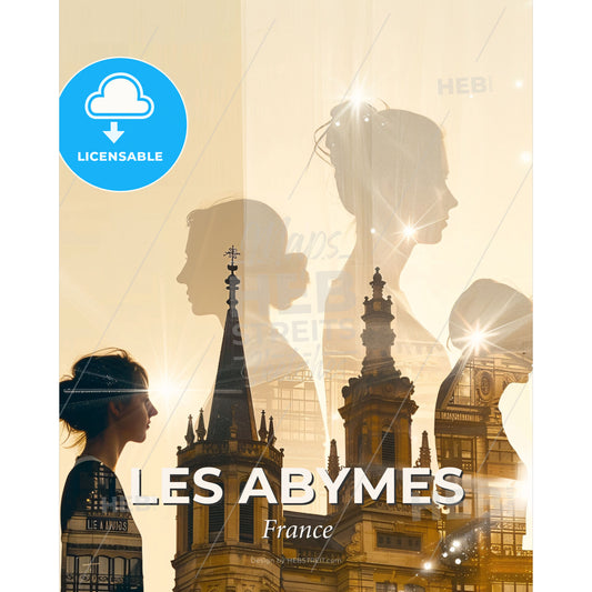 Les Abymes City Skyline Glowing Silhouettes Poster - A woman standing in front of a building - Square format print template