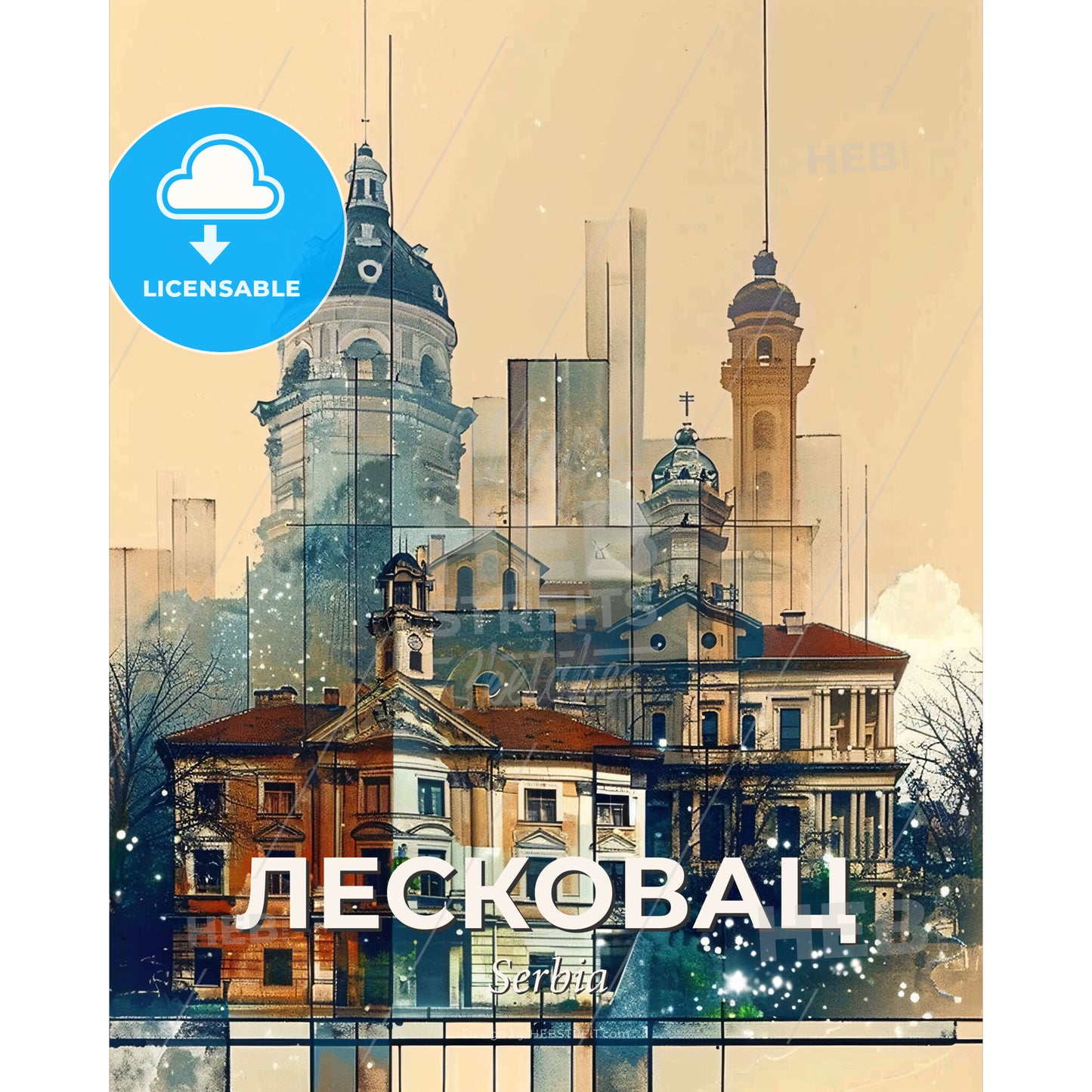Leskovac, Serbia, Stunning Cityscape Poster - A building with towers and towers - Square format print template