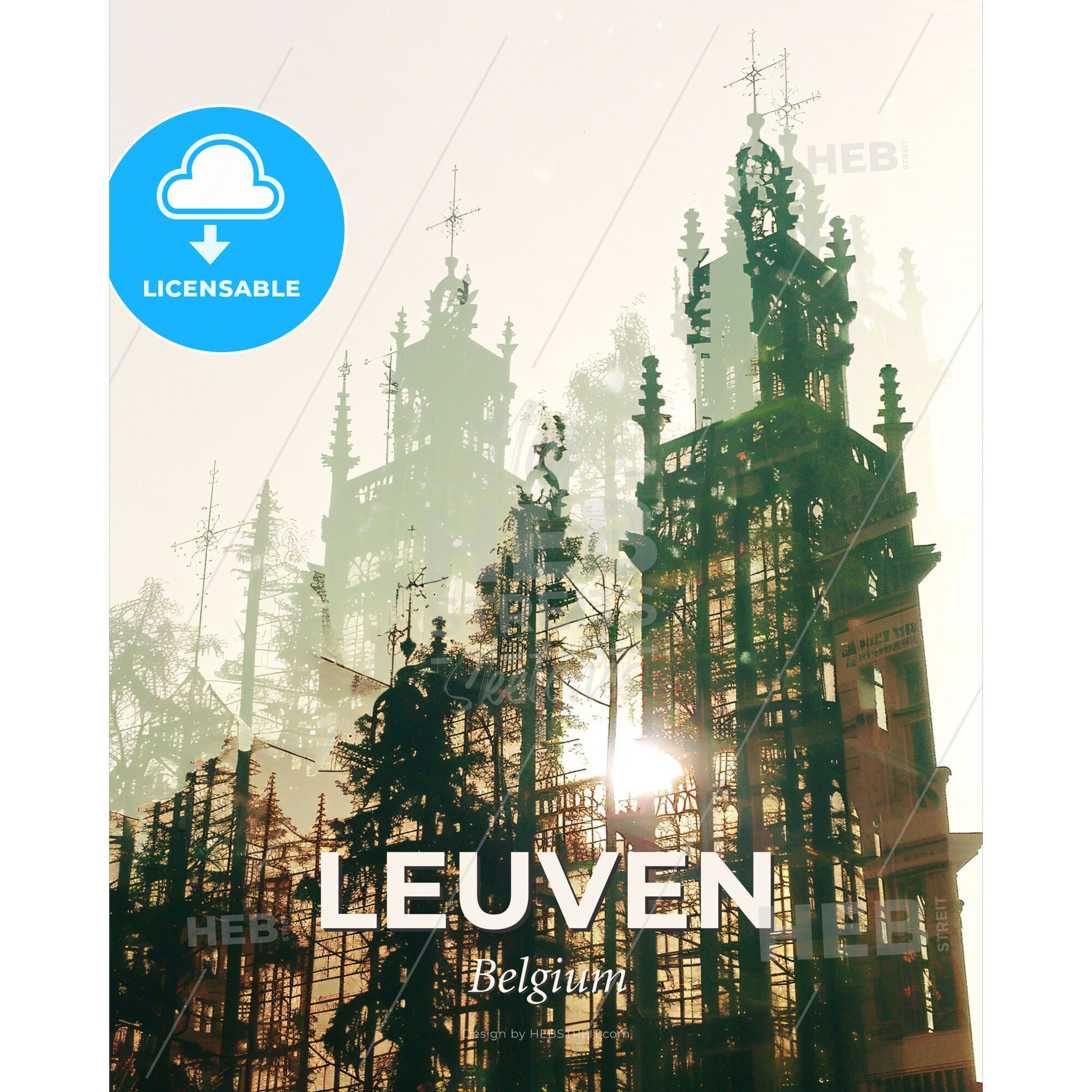 Leuven, Belgium Skyline Poster Art: City Silhouette Icon - A building with a cross on top - Square format print template