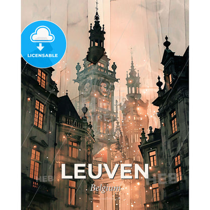 Leuven Cityscape Silhouette Poster - A clock tower in a city - Square format print template