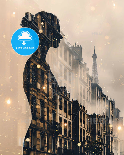 Levallois-Perret: Skyline Sparkles on Beige - A silhouette of a woman and a building