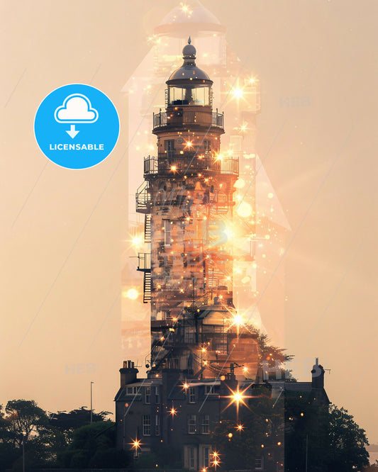 Lewis and Harris: Double Exposure Skyline Art - A light house with a tower