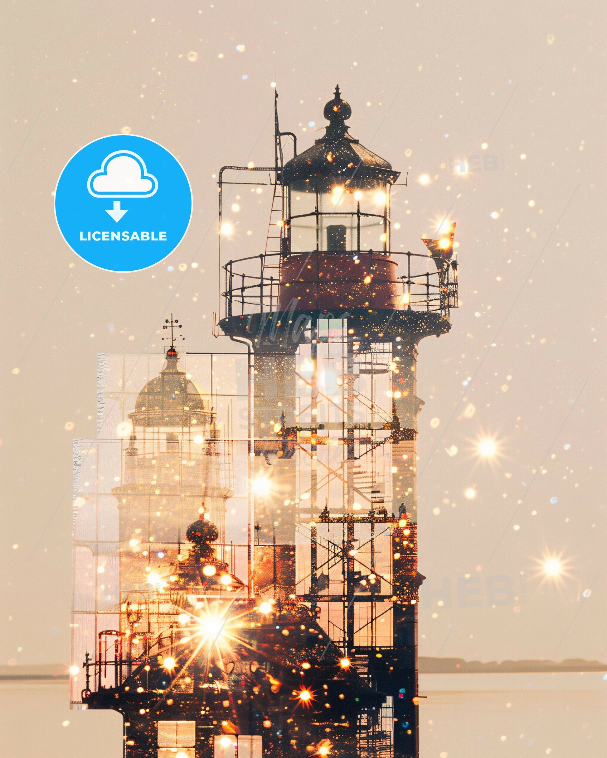 Lewis and Harris Skyline Double Exposure Poster Art - A light house with a reflection of the lights on