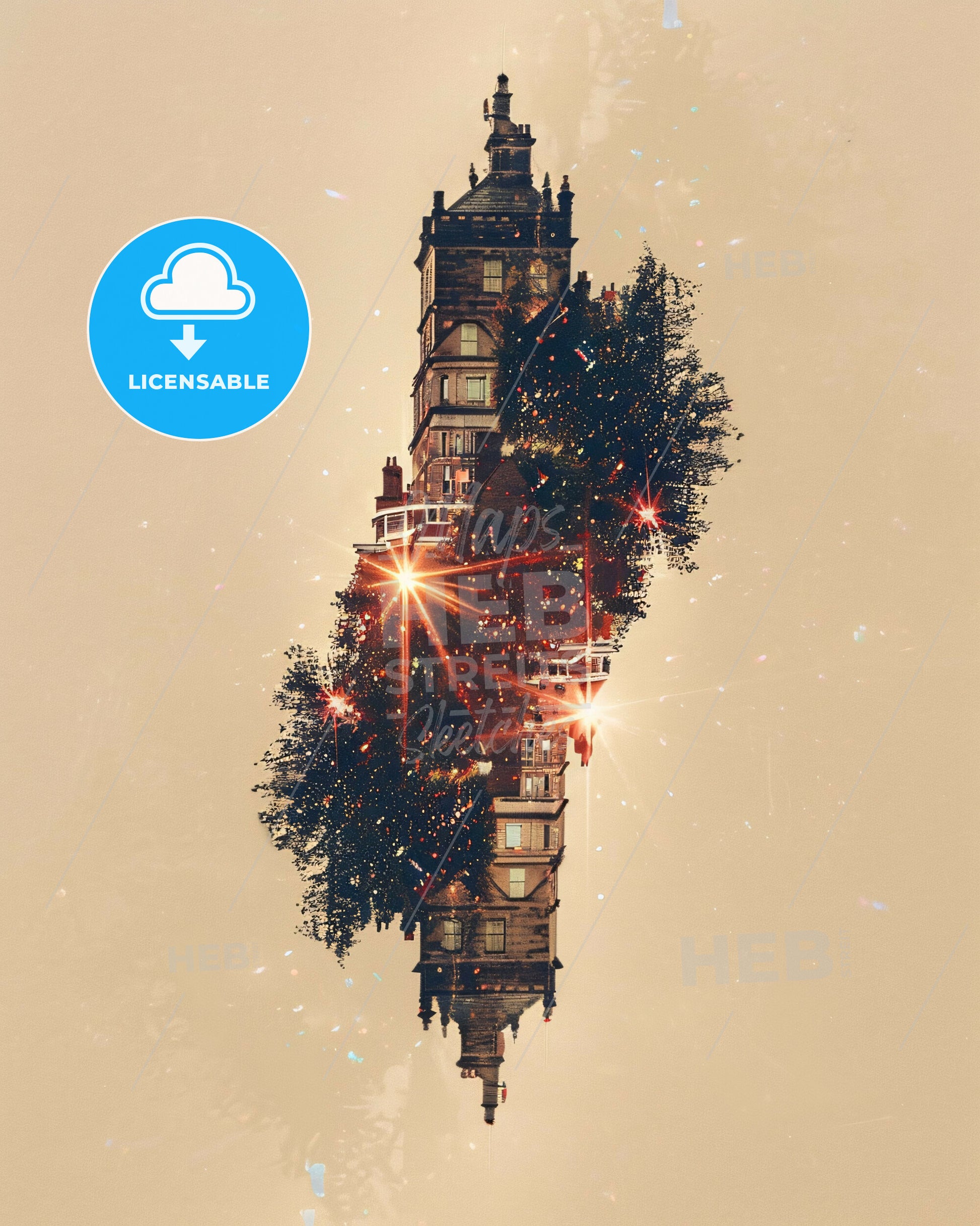 Lewis and Harris Skyline Bright Beige Sky and Sparkles - A building with trees in the sky