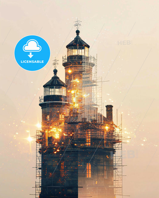 Lewis and Harris: Scenic Double Exposure Skyline - A building with scaffolding and fireworks