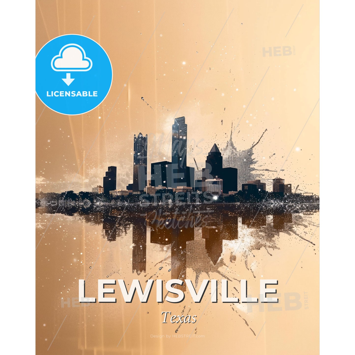 Lewisville Skyline Composite Art: Local Architecture Icons - A city skyline with a reflection of water - Square format print template