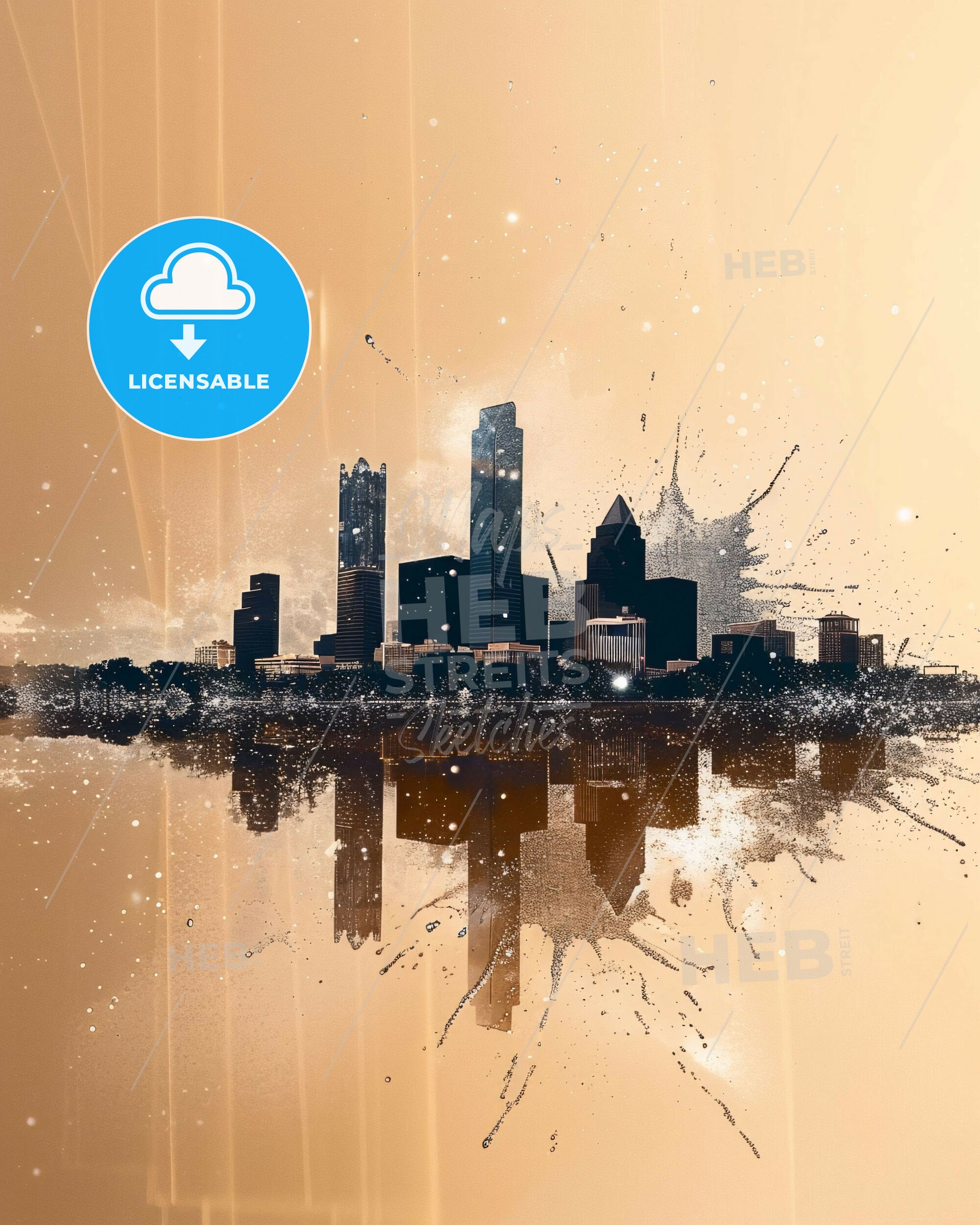 Lewisville Skyline Composite Art: Local Architecture Icons - A city skyline with a reflection of water