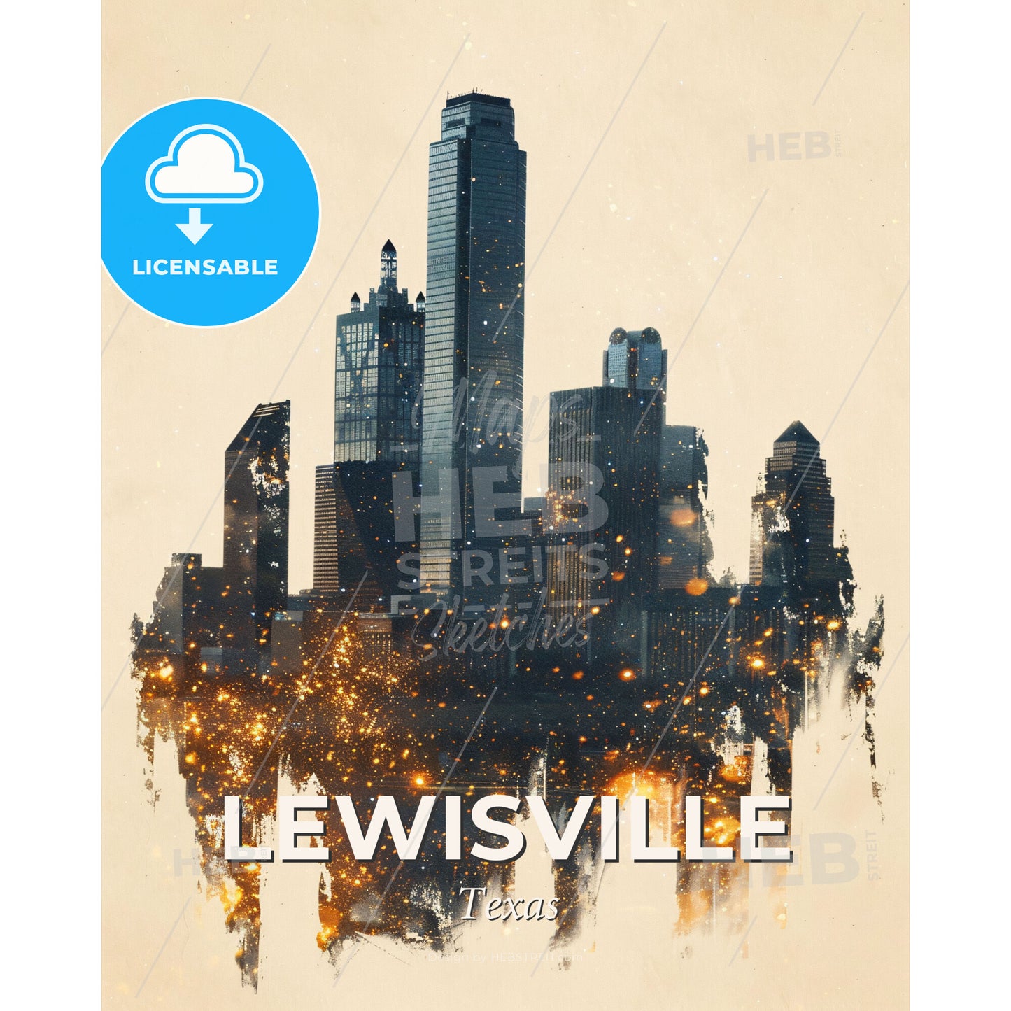 Lewisville Skyline Mosaic of Icons in Local Hues - A city skyline with many tall buildings - Square format print template
