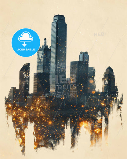 Lewisville Skyline Mosaic of Icons in Local Hues - A city skyline with many tall buildings