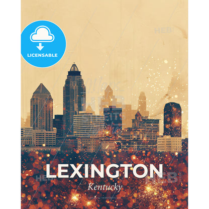 Lexington Skyline: Beige and Sparkles Composite - A city skyline with lights - Square format print template