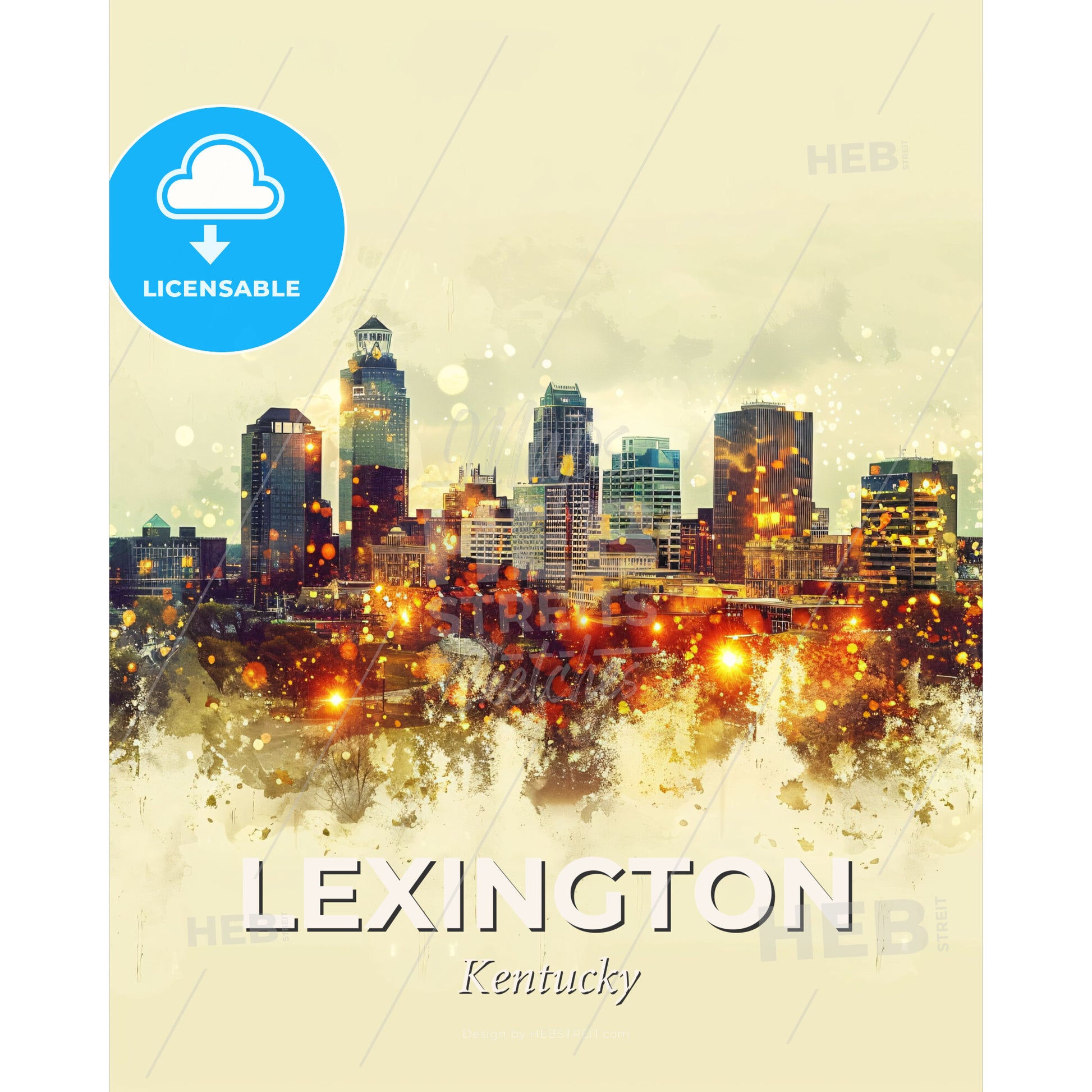 Lexington Skyline Cityscape Art Print - A city skyline with lights - Square format print template
