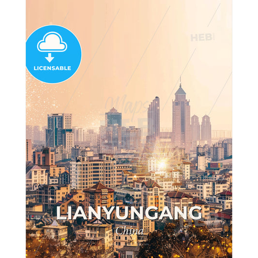 Lianyungang China Skyline Double Exposure Composite - A city with many buildings - Square format print template