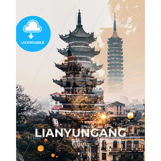 Lianyungang Skyline Minimalist Art Poster - A tall pagoda building in a city - Square format print template