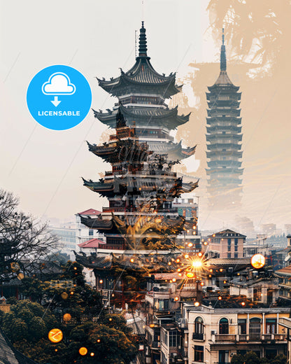 Lianyungang Skyline Minimalist Art Poster - A tall pagoda building in a city