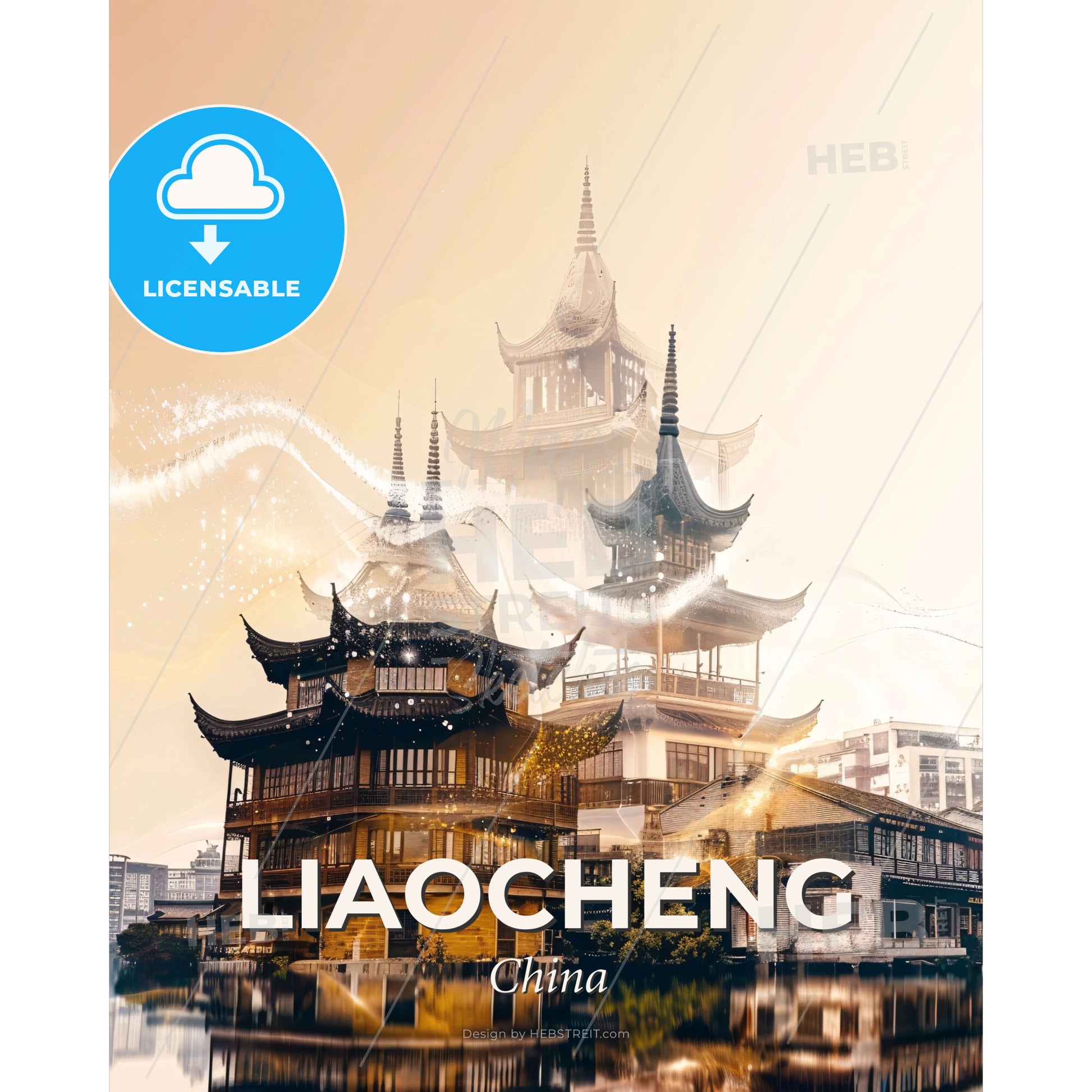Liaocheng: Double Exposure Skyline Cityscape Poster - A building with a tower - Square format print template