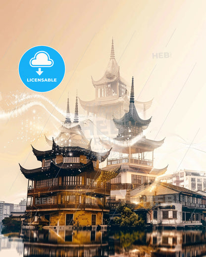 Liaocheng: Double Exposure Skyline Cityscape Poster - A building with a tower