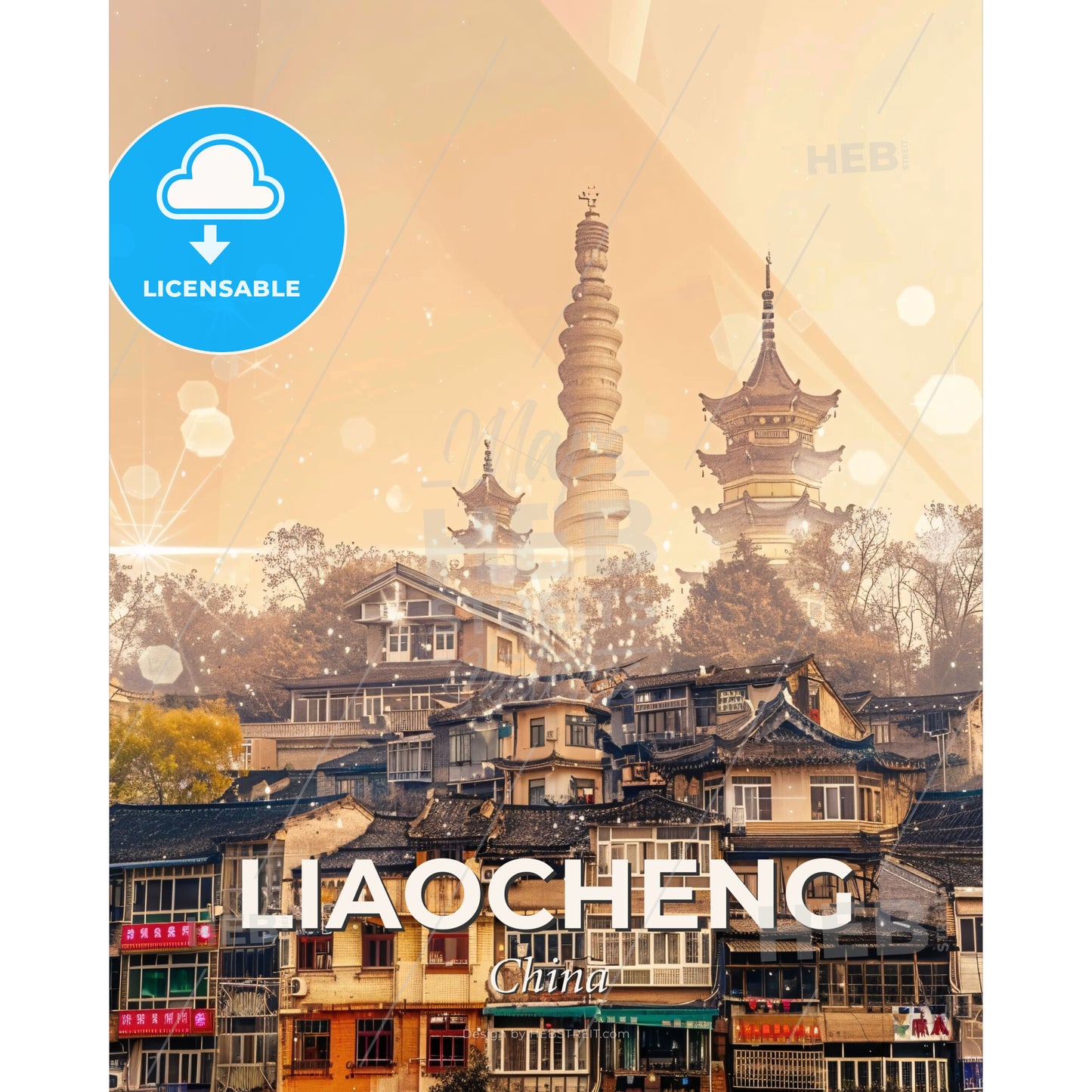 Liaocheng Double Exposure City Skyline Art - A group of buildings with a tall tower - Square format print template