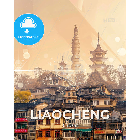 Liaocheng Double Exposure City Skyline Art - A group of buildings with a tall tower - Square format print template