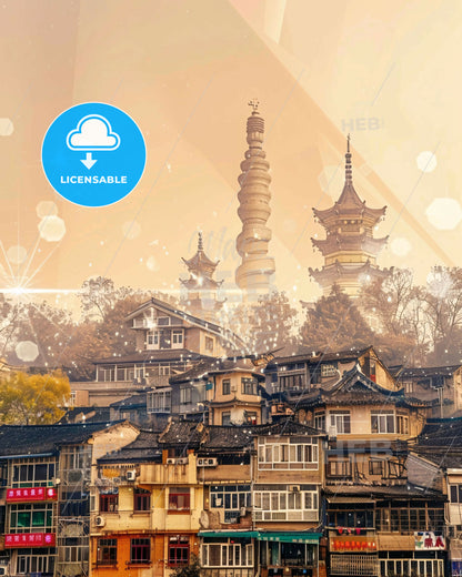 Liaocheng Double Exposure City Skyline Art - A group of buildings with a tall tower