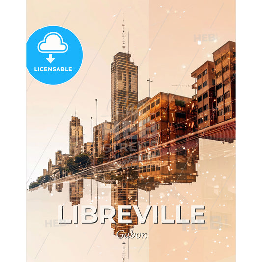 Libreville Iconic Skyline Art Bright Beige - A city with many buildings reflected in water - Square format print template