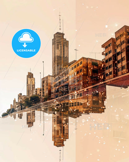 Libreville Iconic Skyline Art Bright Beige - A city with many buildings reflected in water