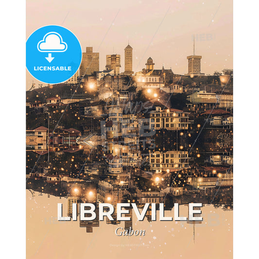Libreville Skyline Iconic Architecture Poster Design - A city on a hill with lights reflecting in water - Square format print template