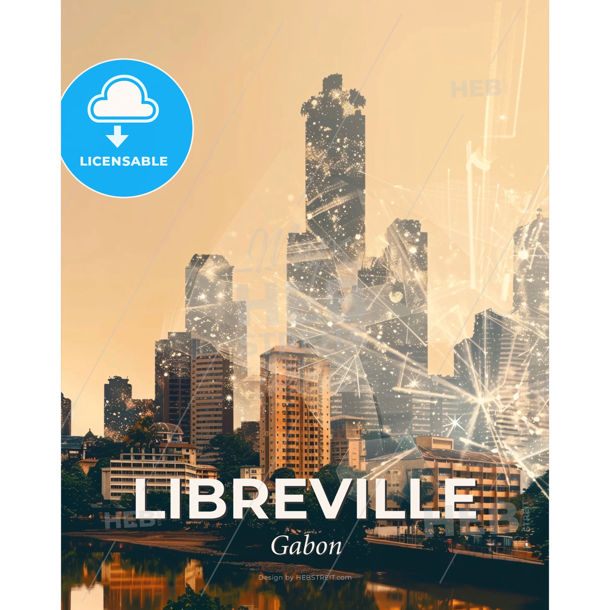 Libreville Skyline Composite Art Poster, Bright Beige - A city skyline with many buildings and lights - Square format print template