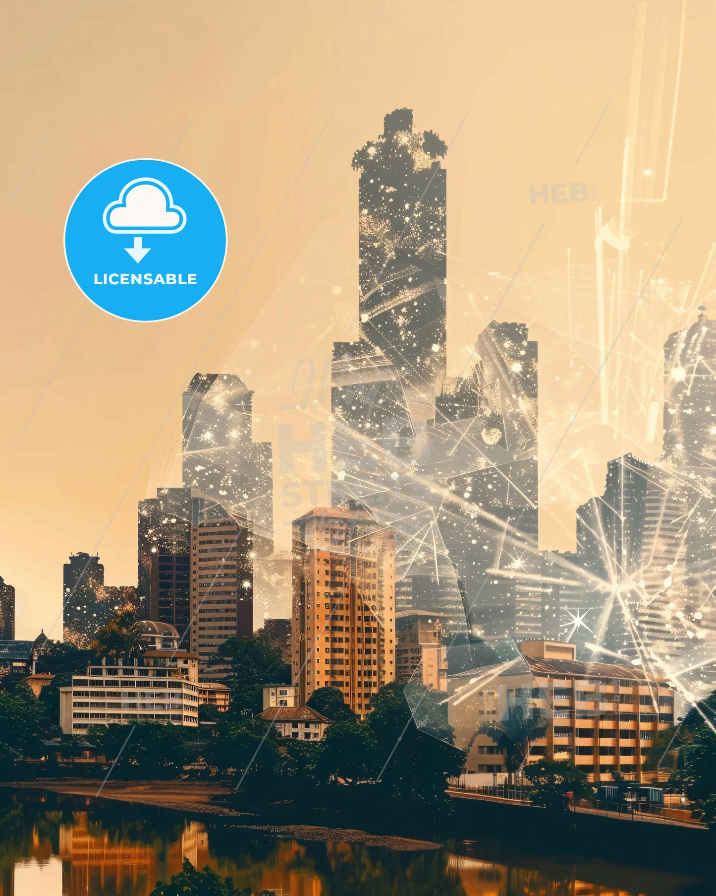 Libreville Skyline Composite Art Poster, Bright Beige - A city skyline with many buildings and lights